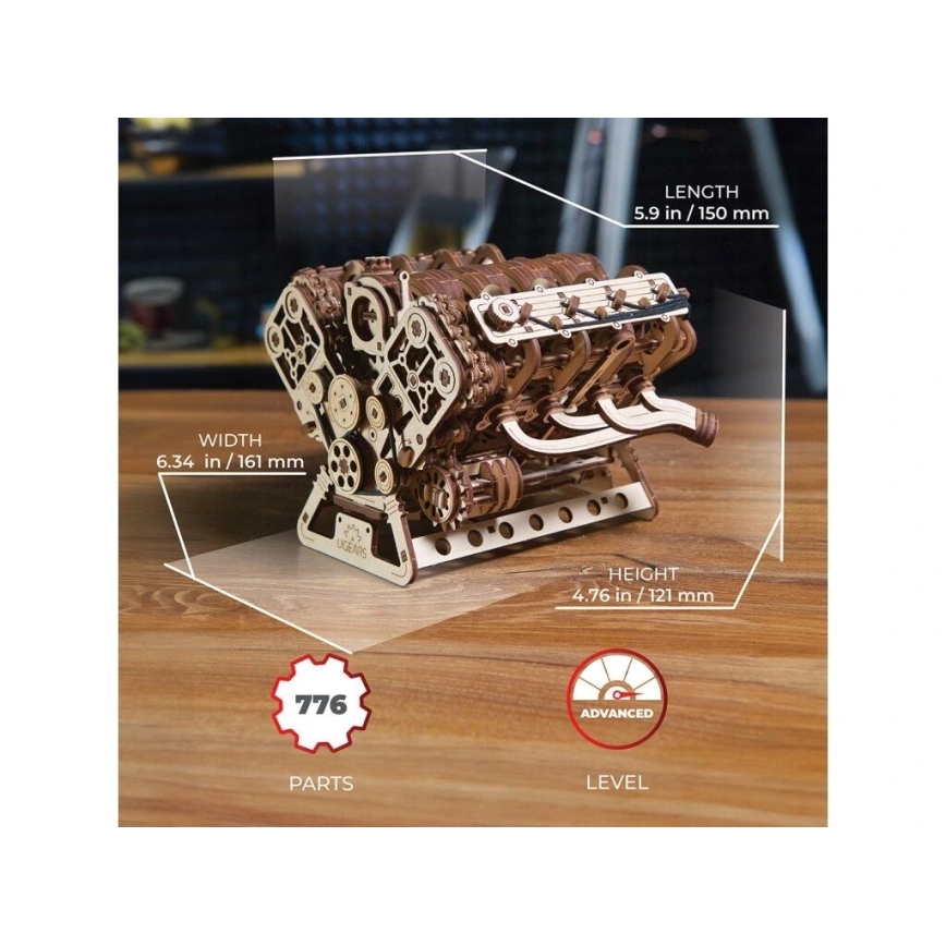 Ugears - 3D medinė mechaninė dėlionė V8 variklis