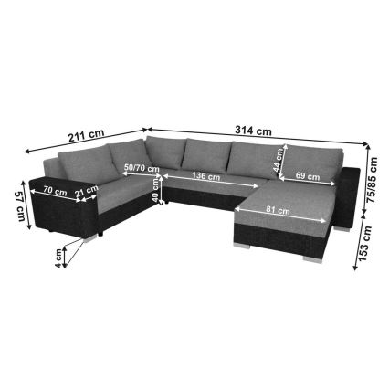 Universali apmušta U formos išskleidžiama kampinė sofa YORK, balta/pilka