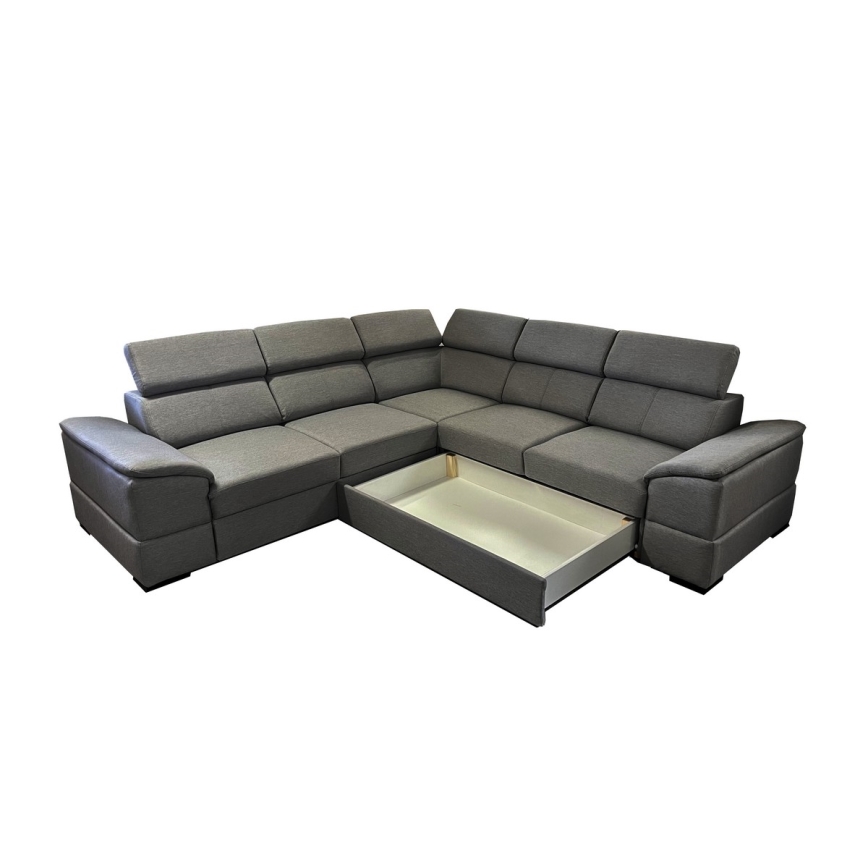 Universali kampinė išskleidžiama sofa‑lova su daiktų laikymo vieta GRANADA, tamsiai pilka