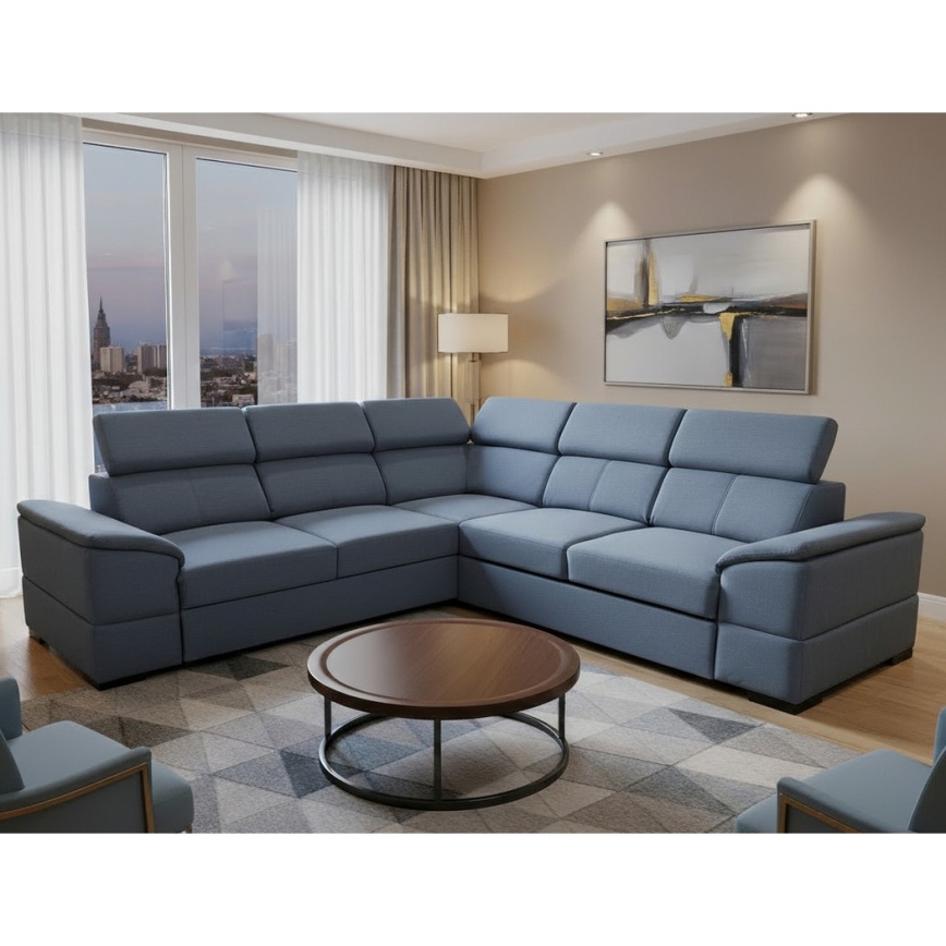 Universali kampinė išskleidžiama sofa su daiktadėže GRANADA, mėlyna