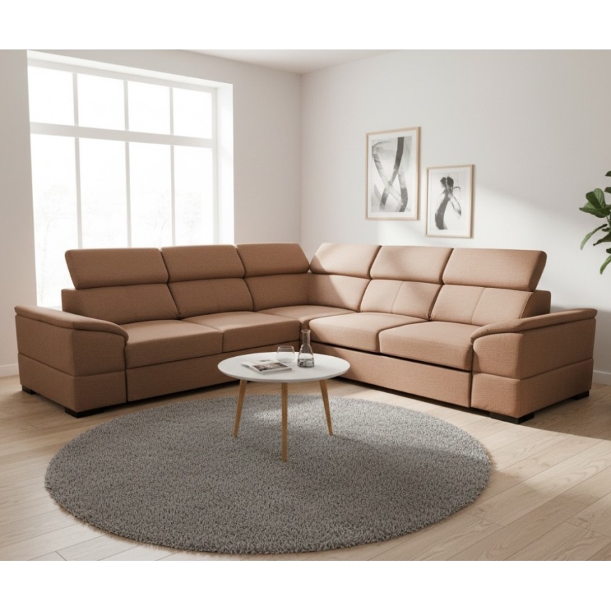 Universali kampinė išskleidžiama sofa su talpia daiktų saugykla GRANADA, rudos spalvos