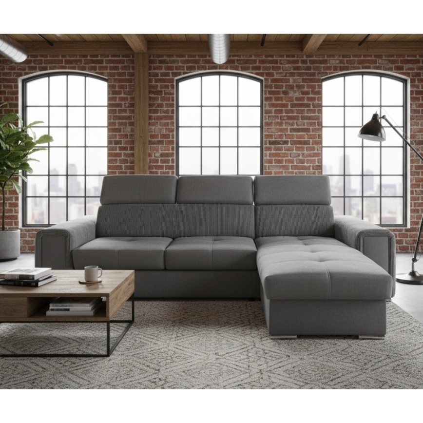 Universali kampinė L formos išskleidžiama sofa-lova su daiktų dėže SALVADA tamsiai pilka