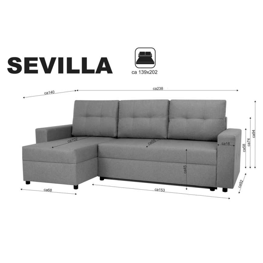 Universalus kampinis minkštas kampas su miego funkcija ir daiktadėže SEVILLA antracito spalvos