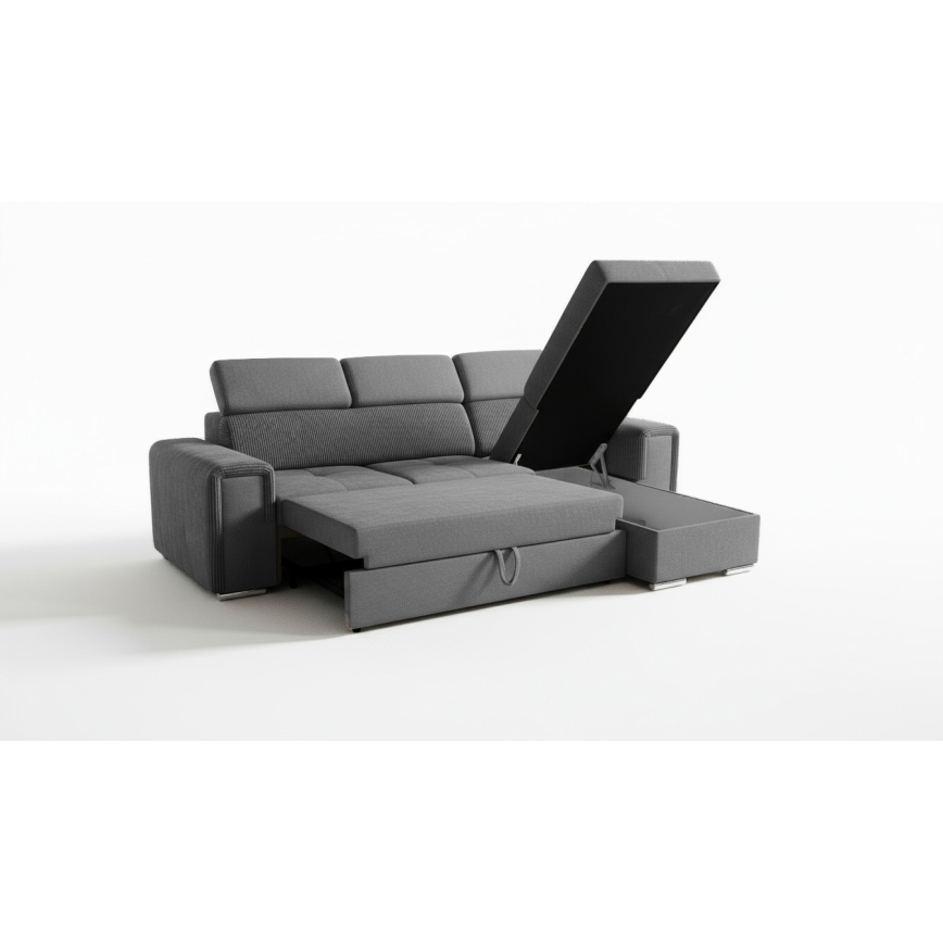 Universali kampinė L formos išskleidžiama sofa-lova su daiktų dėže SALVADA tamsiai pilka