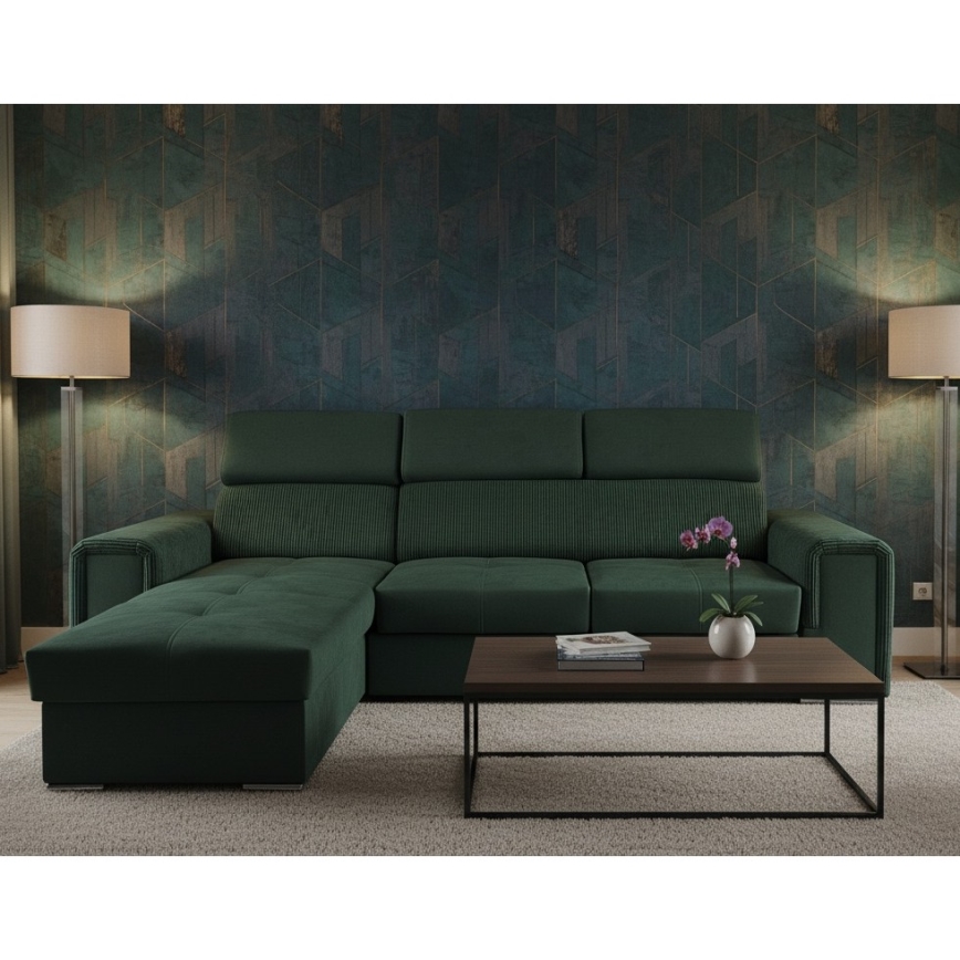 Universali L formos kampinė išskleidžiama sofa-lova SALVADA su talpia daiktadėže, žalia