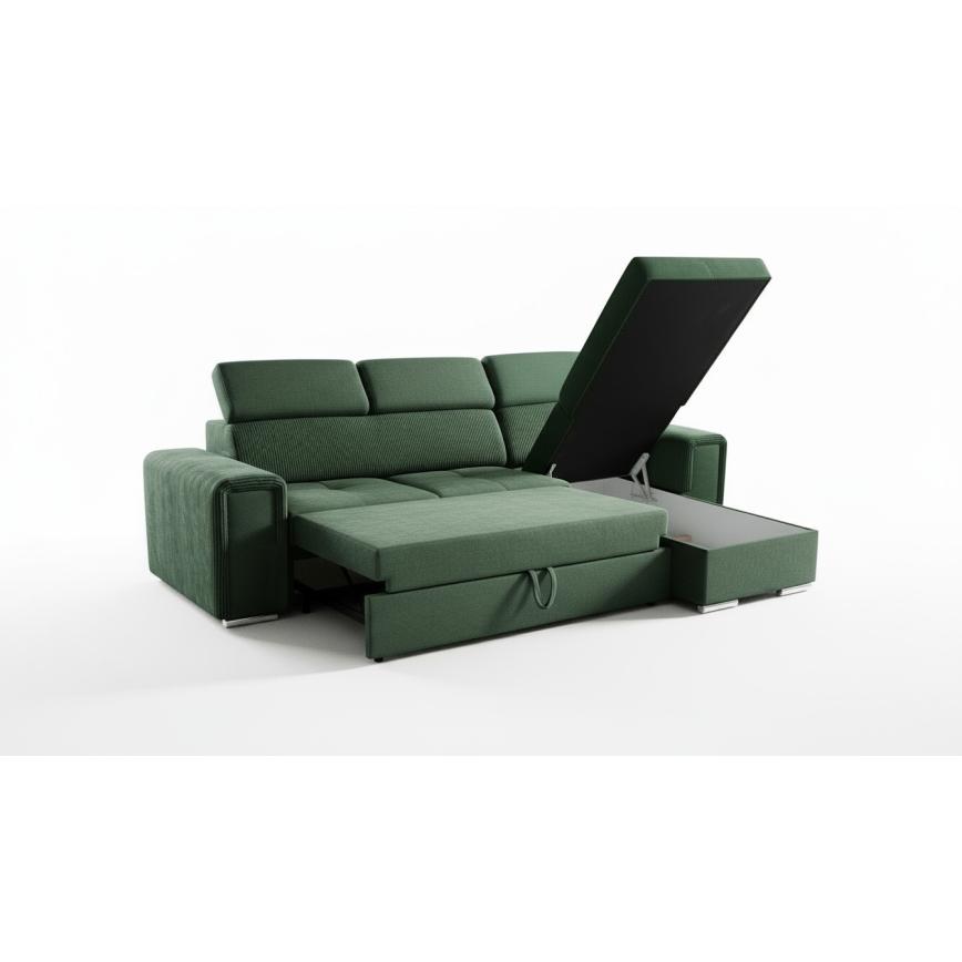 Universali L formos kampinė išskleidžiama sofa-lova SALVADA su talpia daiktadėže, žalia