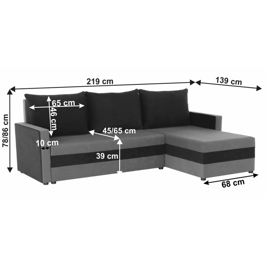 Universali kampinė išskleidžiama sofa BRISTOL, apmušta, pilka/juoda