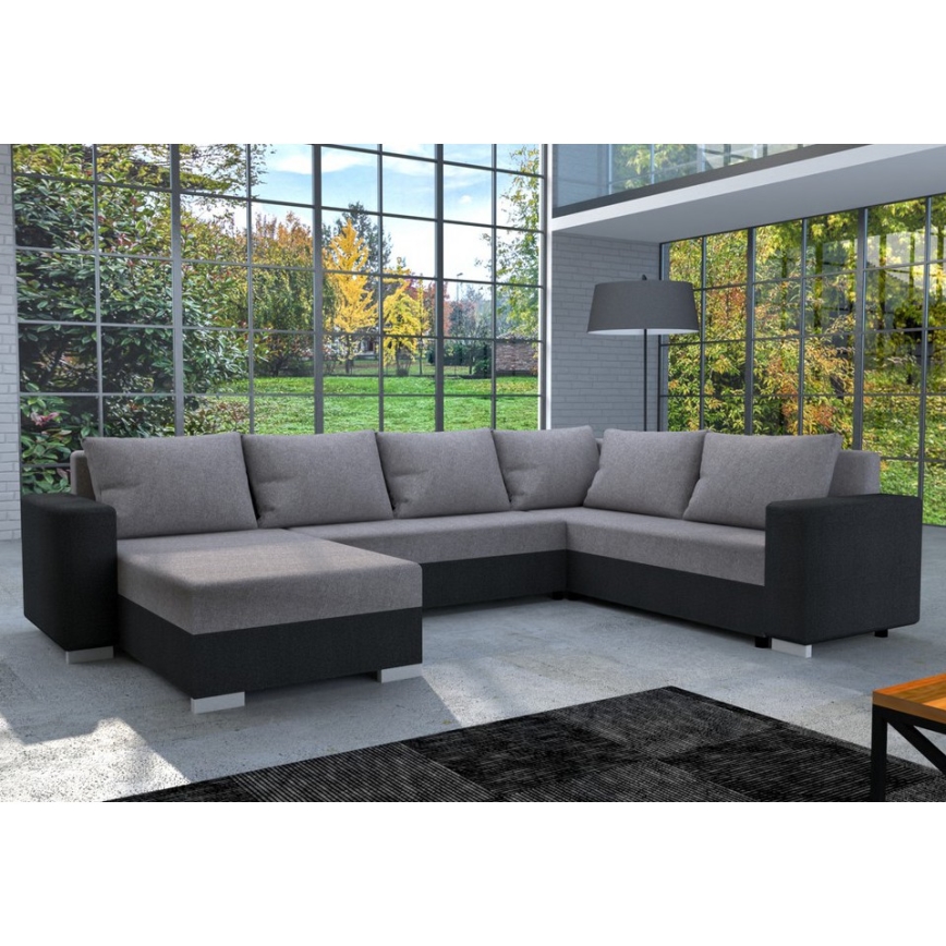 Universali U formos apmušta išskleidžiama kampinė sofa YORK, pilka/juoda