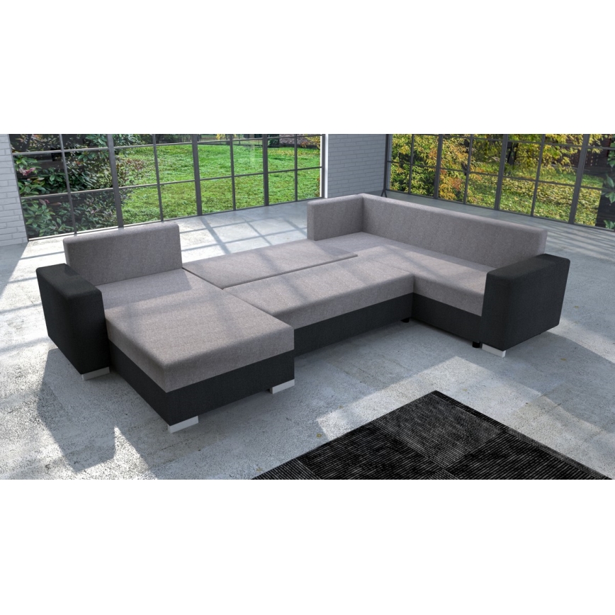 Universali U formos apmušta išskleidžiama kampinė sofa YORK, pilka/juoda