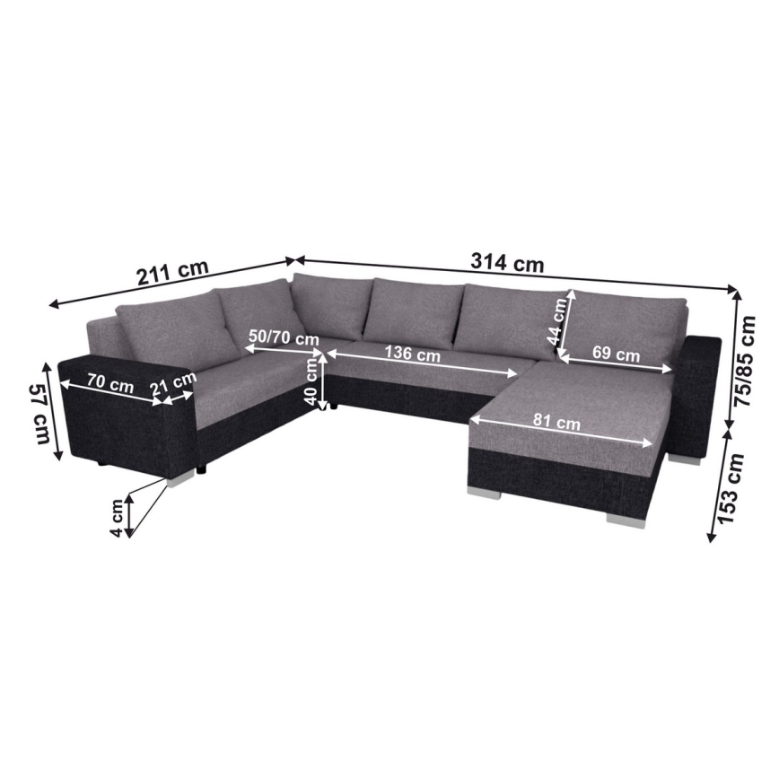 Universali U formos apmušta išskleidžiama kampinė sofa YORK, pilka/juoda
