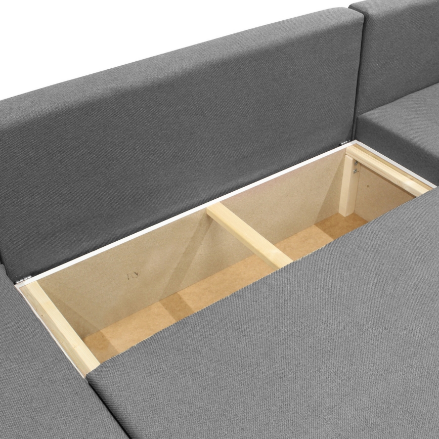 Universali U formos išskleidžiama kampinė sofa-lova SEYA su talpia daiktadėže, pilka