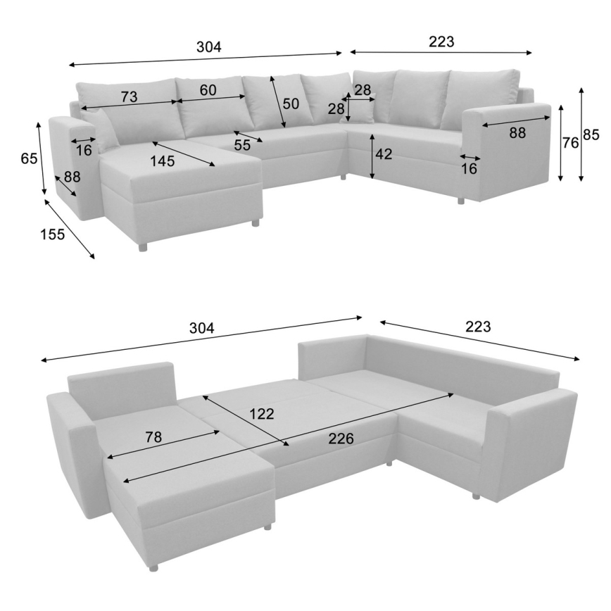 Universali U formos išskleidžiama kampinė sofa-lova SEYA su talpia daiktadėže, pilka