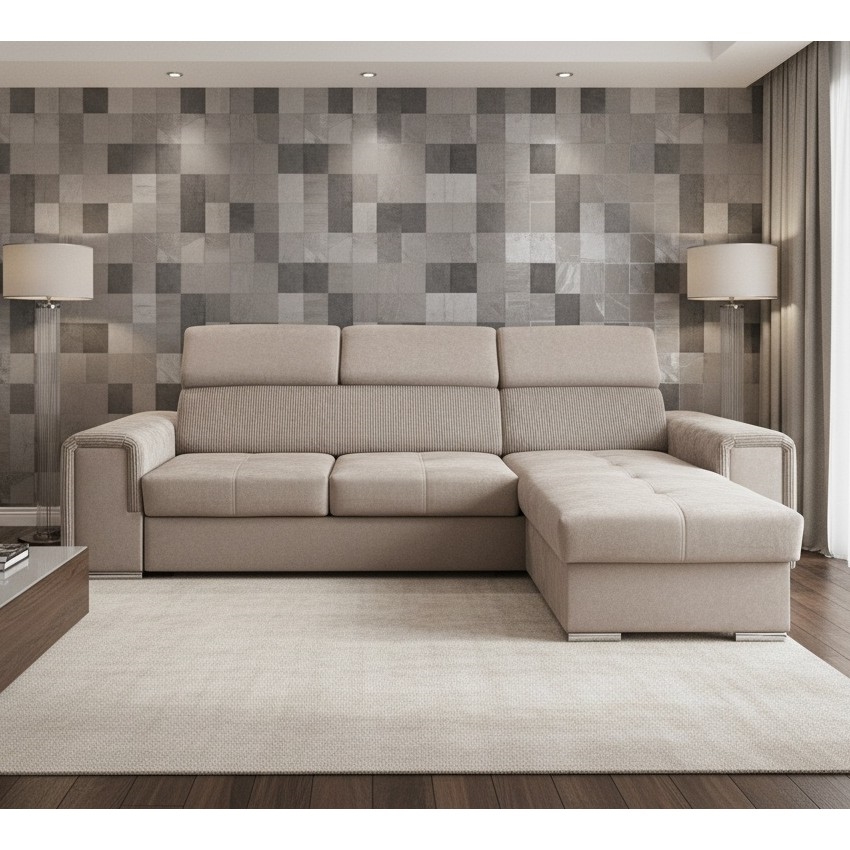 Universalioji L formos kampinė išskleidžiama sofa su talpia daiktadėže SALVADA, smėlinė