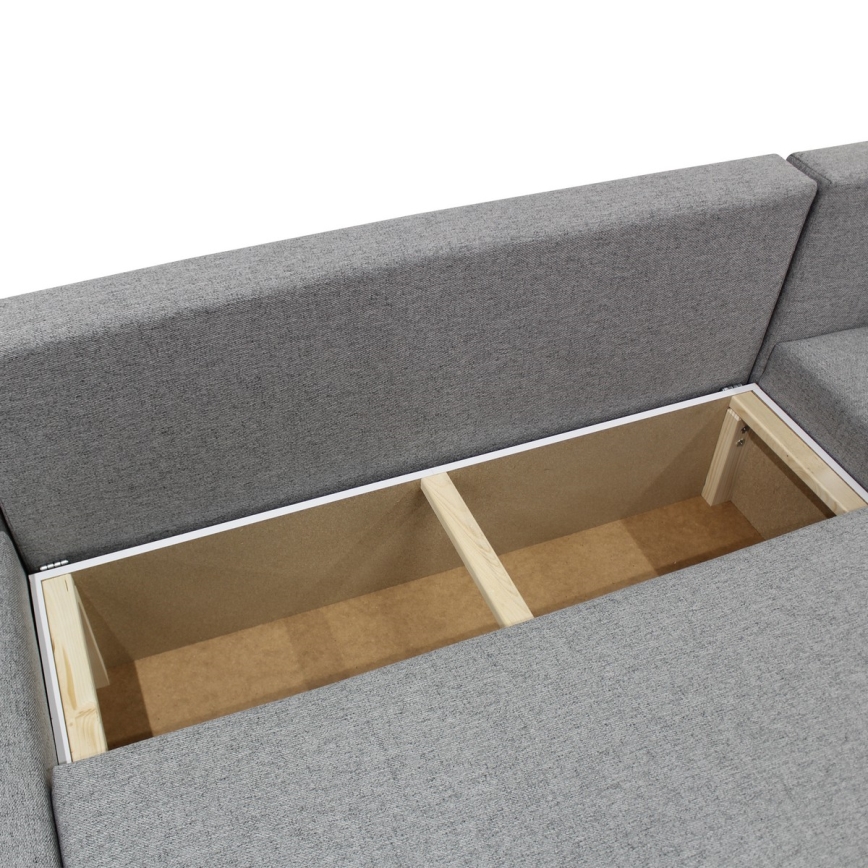 Universalus išskleidžiamas U formos kampinis sofa-lova ALMEIDA su daiktadėže, pilka