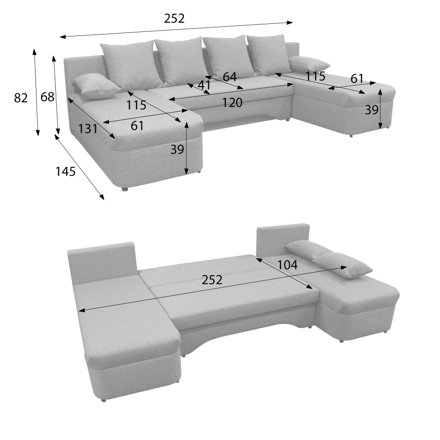 Universalus išskleidžiamas U formos kampinis sofa-lova ALMEIDA su daiktadėže, pilka