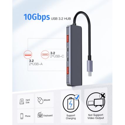 USB-C koncentratorius 5 viename su Power Delivery 100W