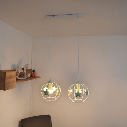 Vaikiškas pakabinamas sietynas STARS 2xE27/15W/230V žalia/balta