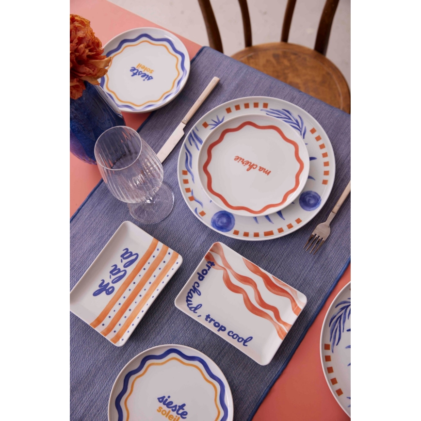 Valgomojo indų rinkinys, 12 vnt., raudonas/mėlynas/baltas, porcelianas