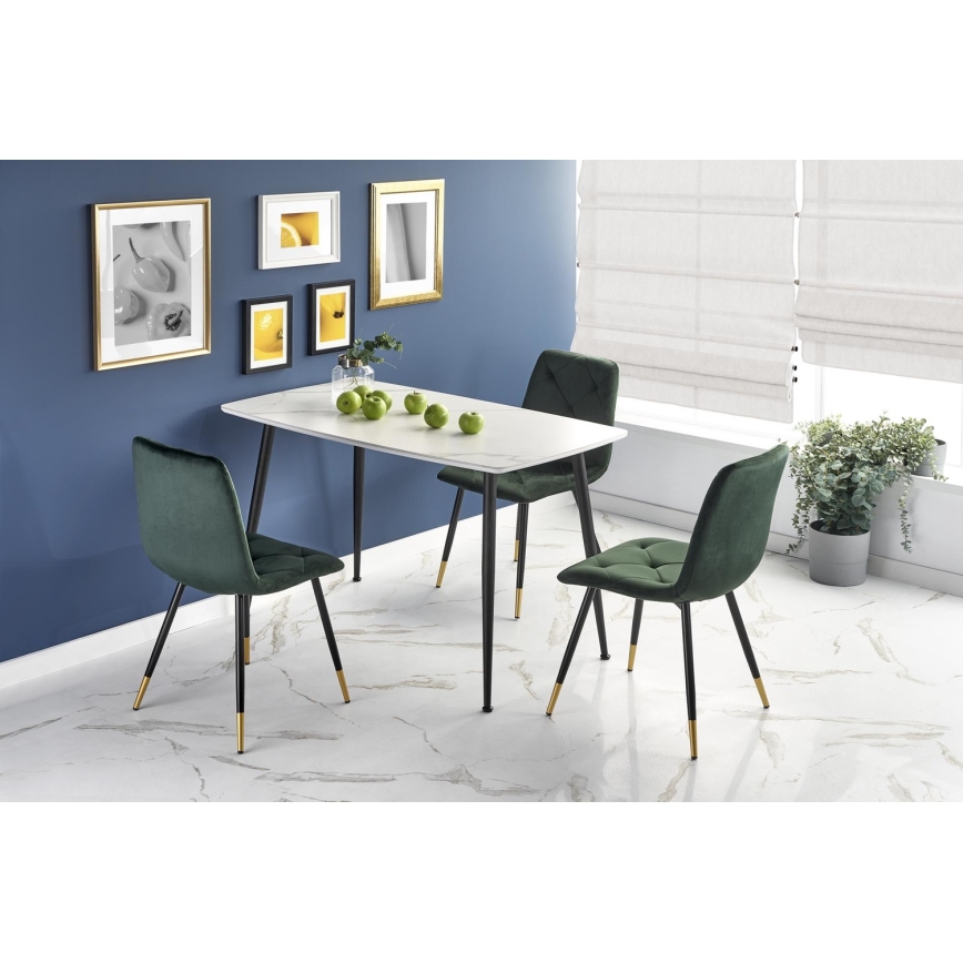 Valgomojo stalas ALARA — balto marmuro dekoras / juodas