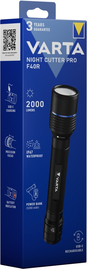 Varta 18922101111 - LED Įkraunamas žibintuvėlis su maitinimo banku NIGHT CUTTER PRO F40R LED/USB IP67