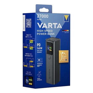 Varta 57984101111 - Powerbankas su LED ekranu, Power Delivery 27000 mAh/140W/3,7V