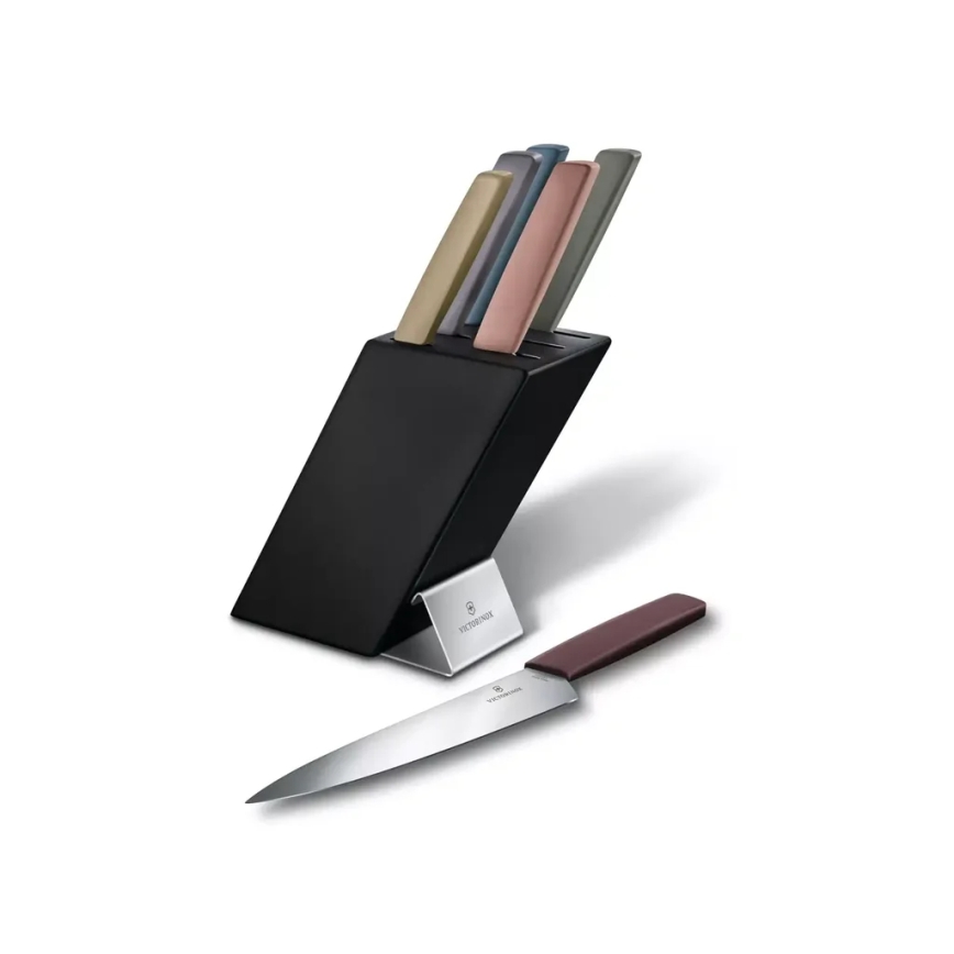 Victorinox – virtuvinių peilių rinkinys su stovu SWISS MODERN, 7 vnt., iš buko / įvairiaspalvis