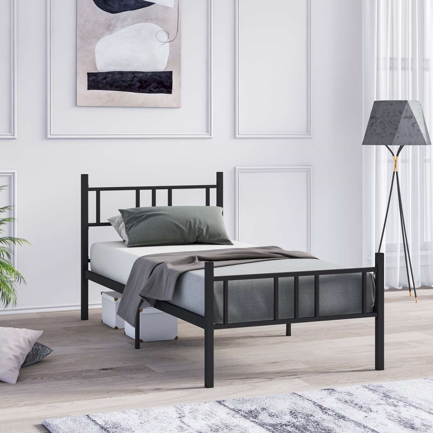 Viengulė metalinė lova PIRON, 90 x 200 cm, juoda, maksimali apkrova 120 kg