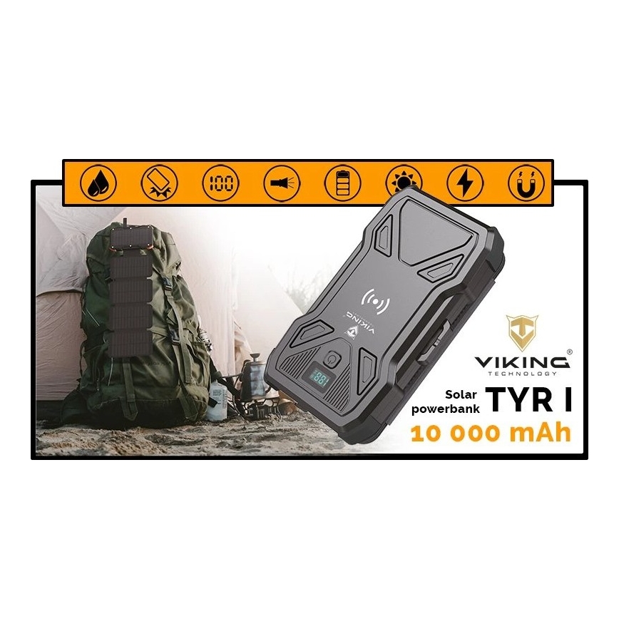 Viking - Power Bank su LED žibintuvėliu, belaidžiu įkrovimu ir saulės moduliu Power Delivery 22,5W/10000 mAh