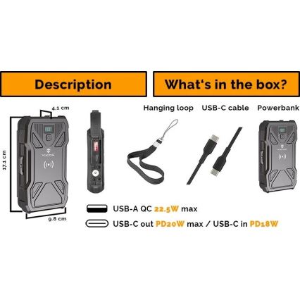 Viking - Power Bank su LED žibintuvėliu, belaidžiu įkrovimu ir saulės moduliu Power Delivery 22,5W/10000 mAh