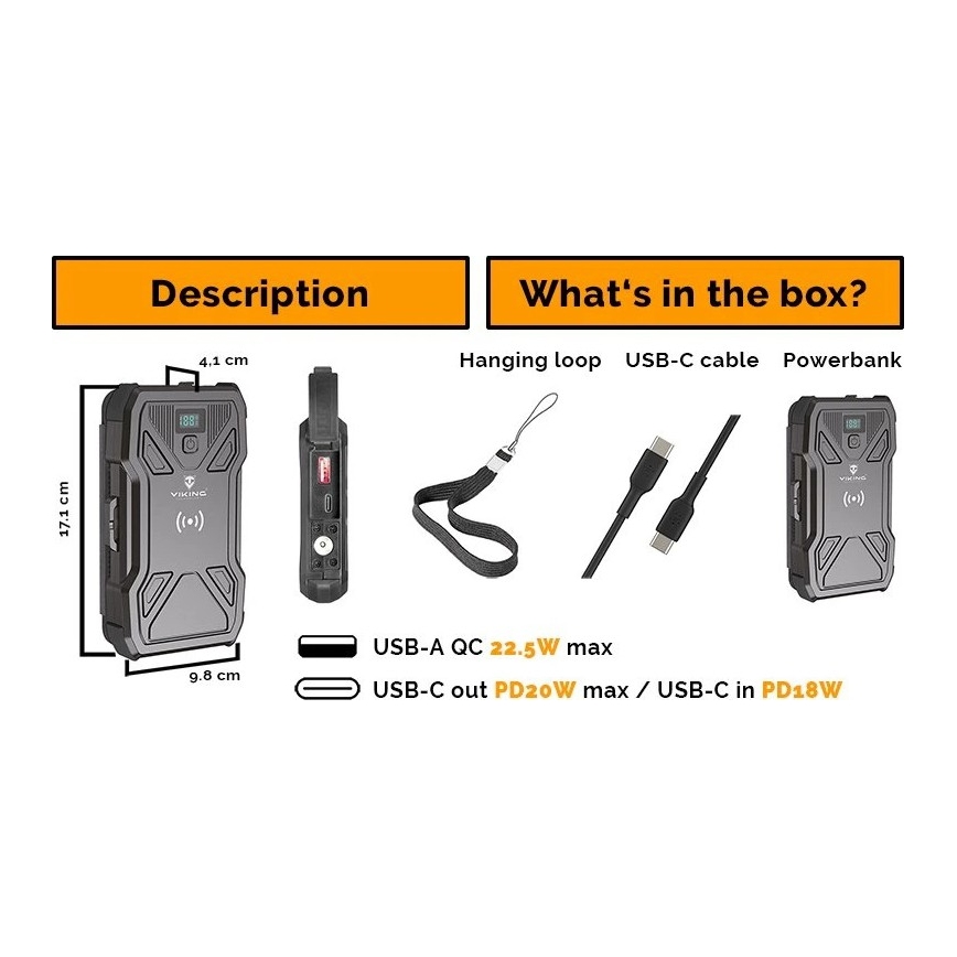 Viking - Power Bank su LED žibintuvėliu, belaidžiu įkrovimu ir saulės moduliu Power Delivery 22,5W/10000 mAh