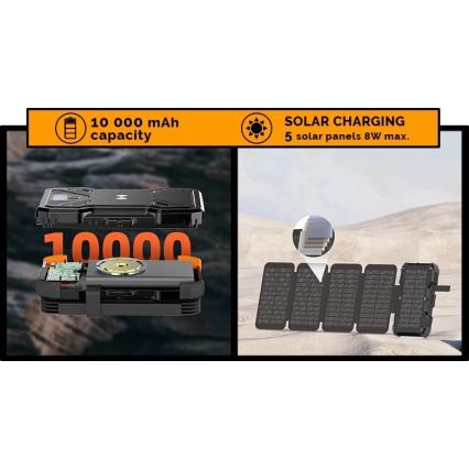 Viking - Power Bank su LED žibintuvėliu, belaidžiu įkrovimu ir saulės moduliu Power Delivery 22,5W/10000 mAh
