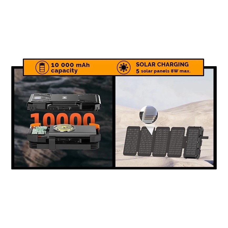 Viking - Power Bank su LED žibintuvėliu, belaidžiu įkrovimu ir saulės moduliu Power Delivery 22,5W/10000 mAh