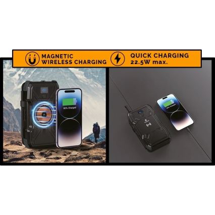 Viking - Power Bank su LED žibintuvėliu, belaidžiu įkrovimu ir saulės moduliu Power Delivery 22,5W/10000 mAh