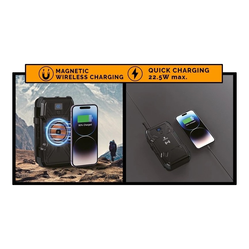 Viking - Power Bank su LED žibintuvėliu, belaidžiu įkrovimu ir saulės moduliu Power Delivery 22,5W/10000 mAh