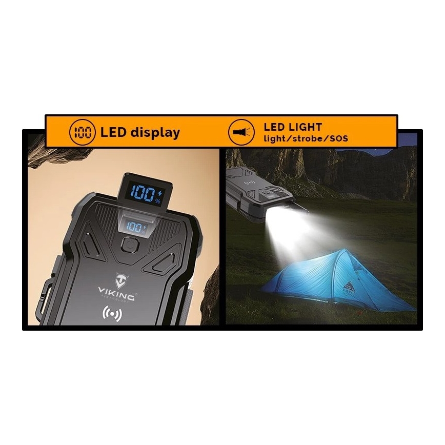 Viking - Power Bank su LED žibintuvėliu, belaidžiu įkrovimu ir saulės moduliu Power Delivery 22,5W/10000 mAh