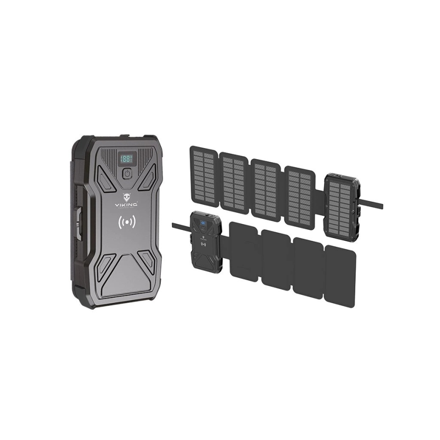 Viking - Power Bank su LED žibintuvėliu, belaidžiu įkrovimu ir saulės moduliu Power Delivery 22,5W/10000 mAh