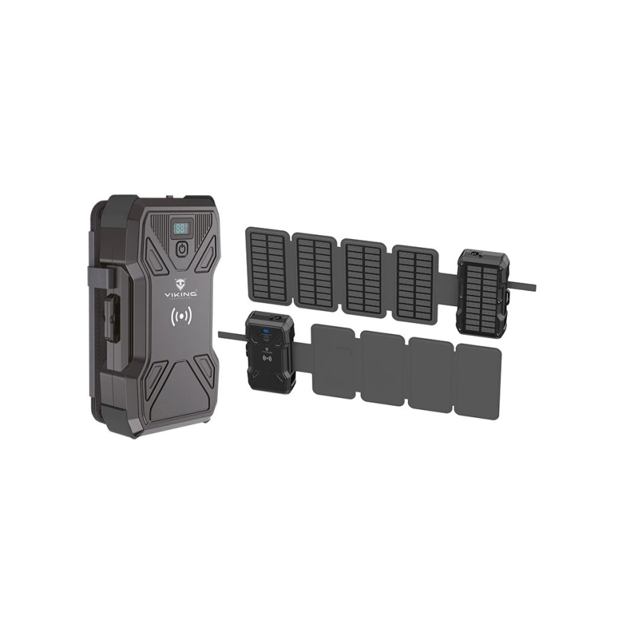 Viking - išorinis akumuliatorius su LED žibintu, belaidžiu įkrovimu ir saulės skydeliu Power Delivery 22,5W/30000 mAh