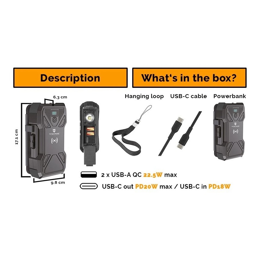 Viking - išorinis akumuliatorius su LED žibintu, belaidžiu įkrovimu ir saulės skydeliu Power Delivery 22,5W/30000 mAh