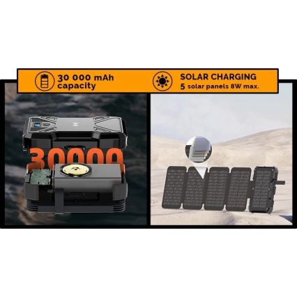 Viking - išorinis akumuliatorius su LED žibintu, belaidžiu įkrovimu ir saulės skydeliu Power Delivery 22,5W/30000 mAh