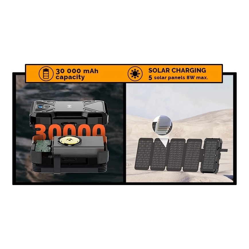 Viking - išorinis akumuliatorius su LED žibintu, belaidžiu įkrovimu ir saulės skydeliu Power Delivery 22,5W/30000 mAh