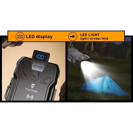 Viking - išorinis akumuliatorius su LED žibintuvėliu, belaidžiu įkrovimu ir saulės panele Power Delivery 22,5W/20000 mAh