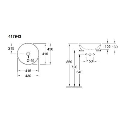 Villeroy & Boch 41794301 - Ant stalviršio montuojamas ARTIS praustuvas, skersmuo 43 cm, keramika, balta