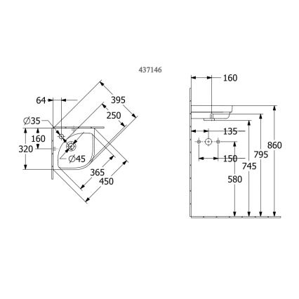 Villeroy & Boch 43714601 - Kampinis pakabinamas praustuvas SUBWAY 3.0 32x32 cm keramika/balta