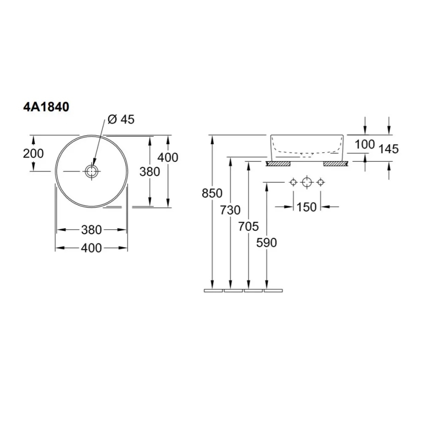 Villeroy & Boch 4A1840R1 - Ant stalviršio montuojamas praustuvas COLLARO Ø 40 cm, keramika/balta
