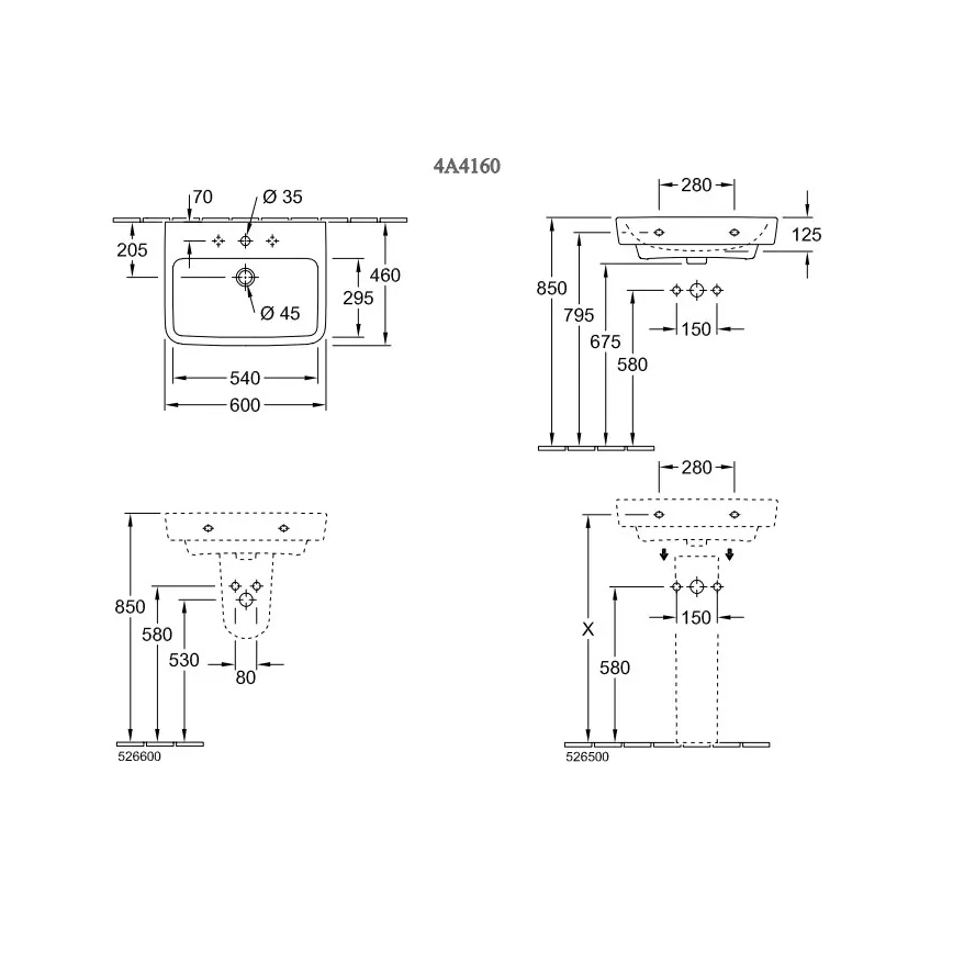 Villeroy & Boch 4A416001 - Pakabinamas praustuvas O.NOVO 60x46 cm keramika/balta