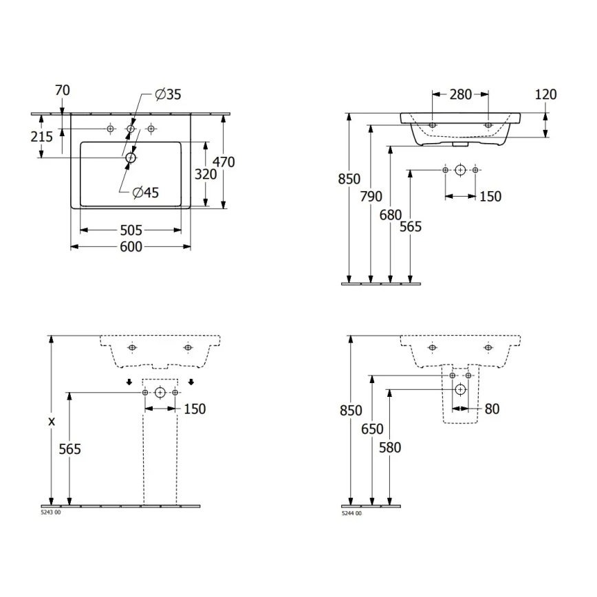 Villeroy & Boch 4A706001 - Pakabinamas praustuvas SUBWAY 3.0 60x47 cm keramika/balta