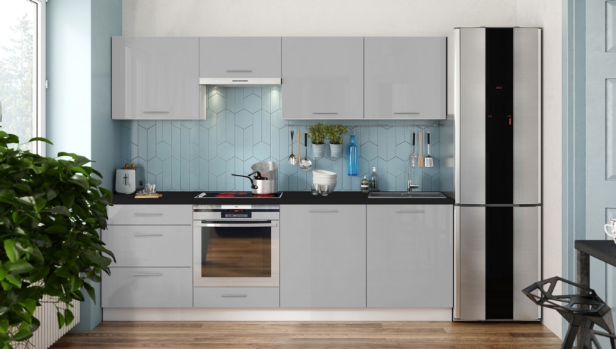 Virtuvės komplektas CELESTE 240 cm, blizgi pilka