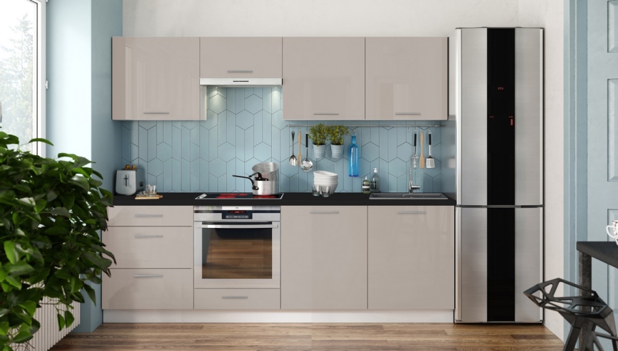 Virtuvės komplektas CELESTE 240 cm, blizgus taupe spalvos