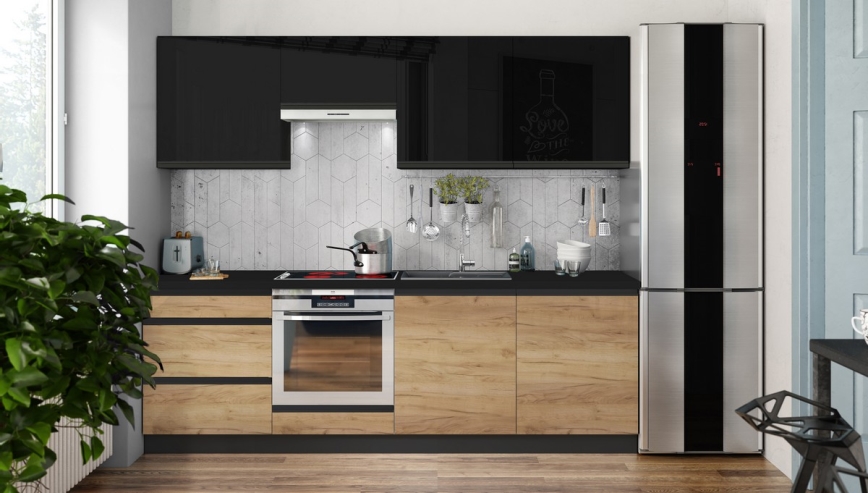 Virtuvės komplektas MARINA 240 cm ąžuolas Craft / blizgi juoda