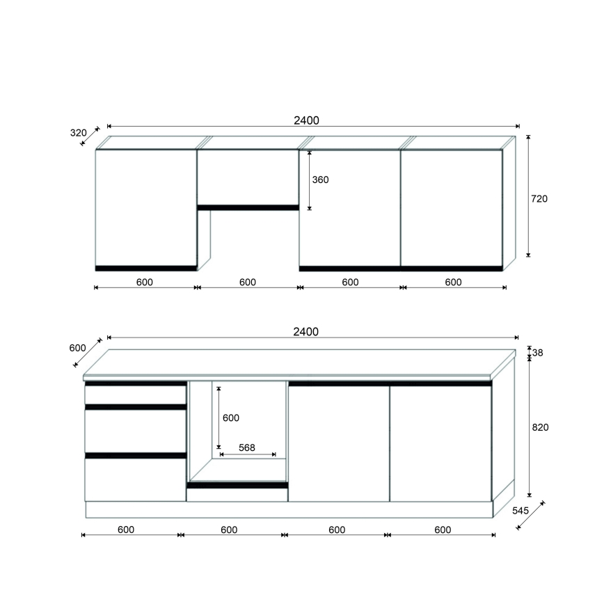 Virtuvės komplektas MARINA 240 cm ąžuolas Craft / blizgi juoda